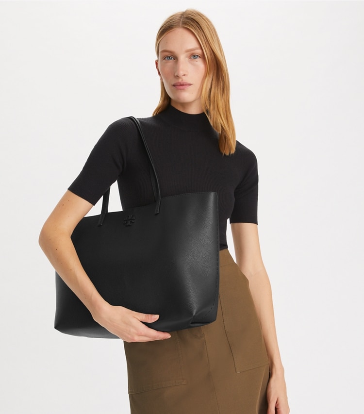 Tory Burch designer tote bags McGraw Tote in Black accessory on model