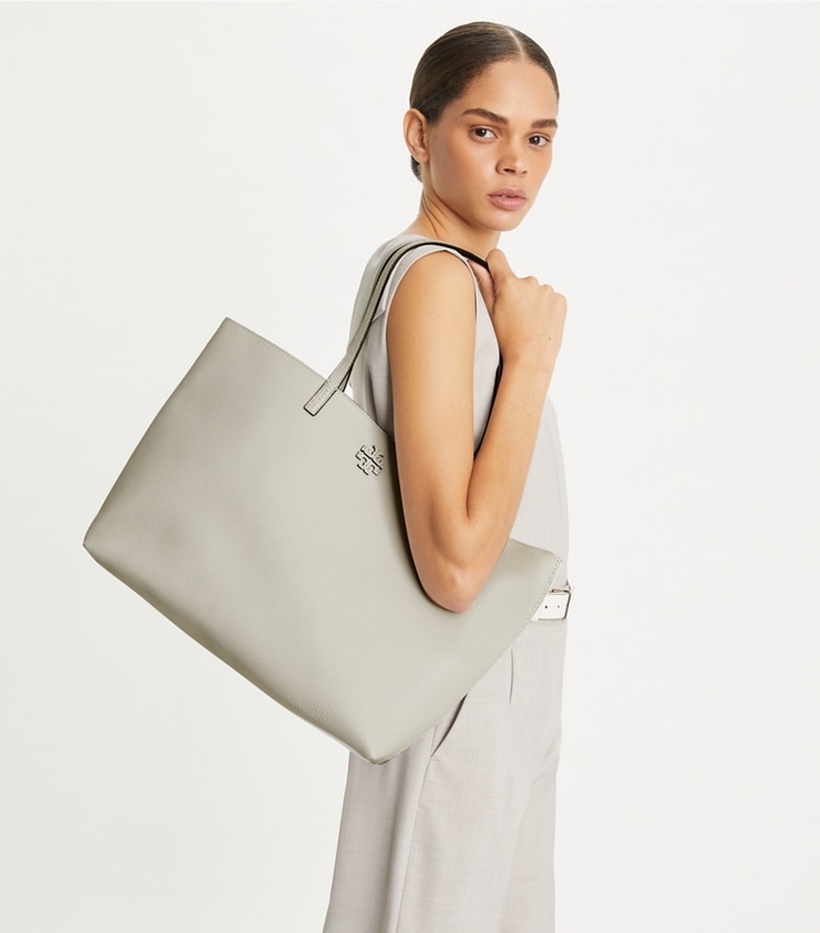 Tory Burch designer tote bags McGraw Tote in Feather Gray accessory on model