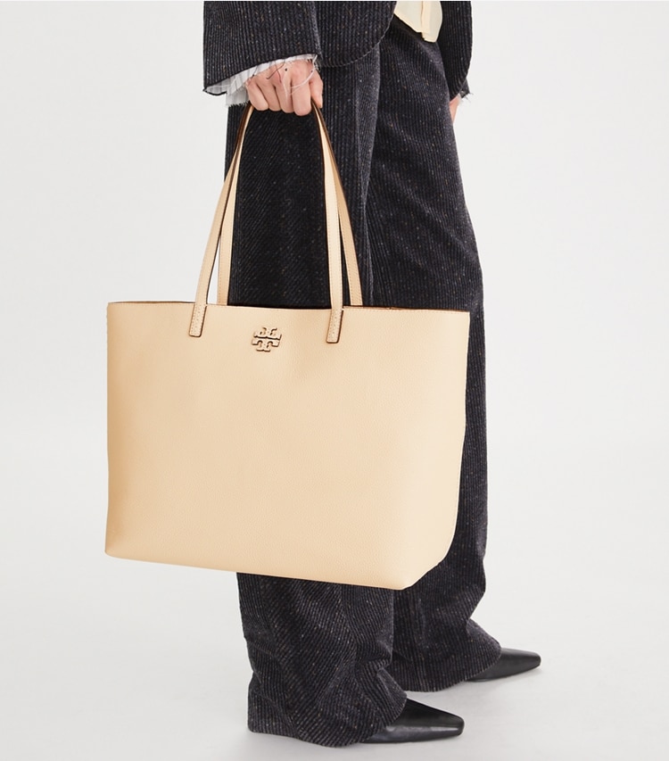 Tory Burch designer tote bags McGraw Tote in BRIE accessory on model