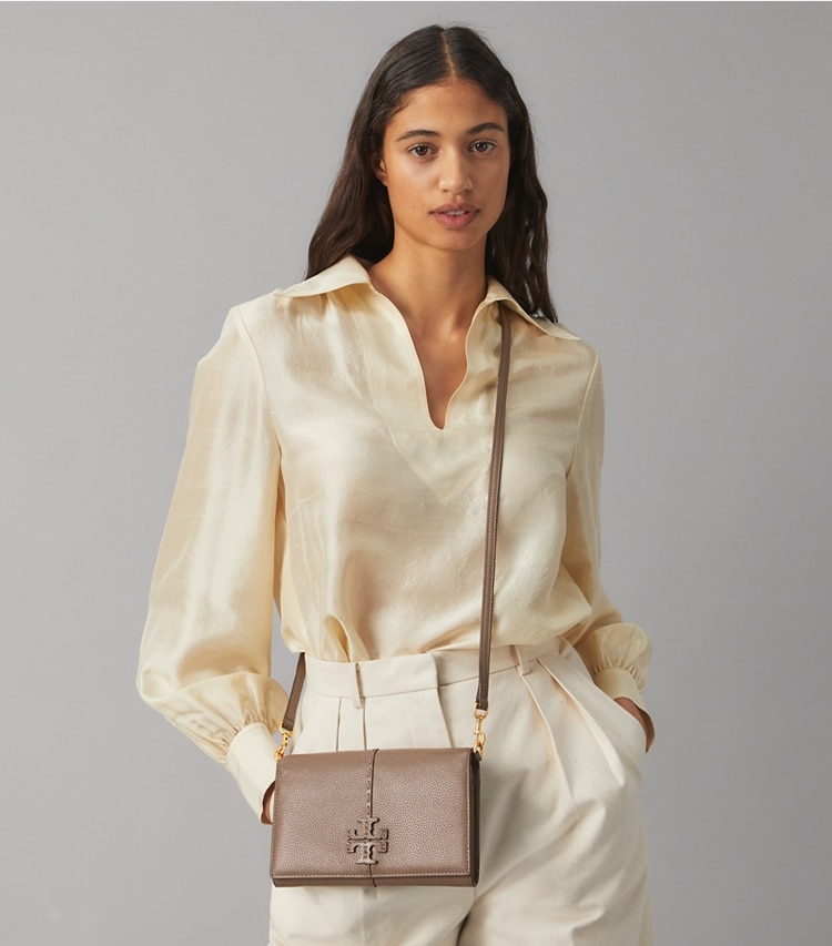 Tory Burch designer mini bags McGraw Wallet Crossbody in Silver Maple accessory on model