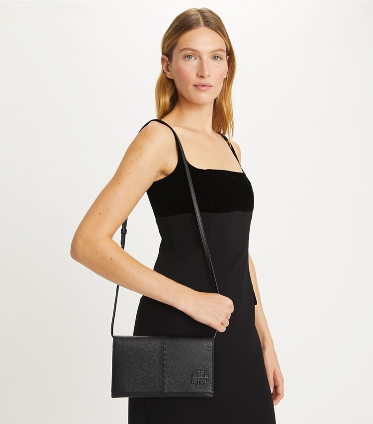 Tory Burch designer mini bags McGraw Wallet Crossbody in Black accessory on model