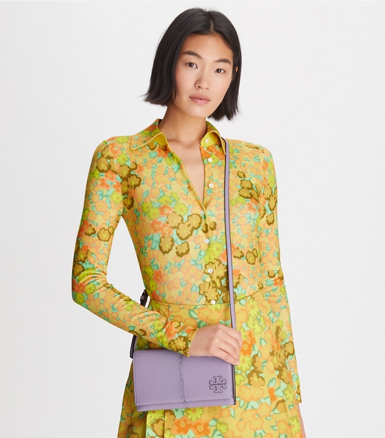 Tory Burch designer mini bags McGraw Wallet Crossbody in Thistle accessory on model