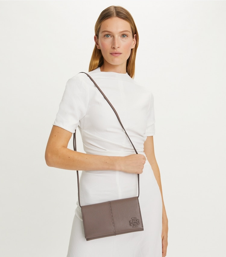 Tory Burch designer mini bags McGraw Wallet Crossbody in Silver Maple accessory on model