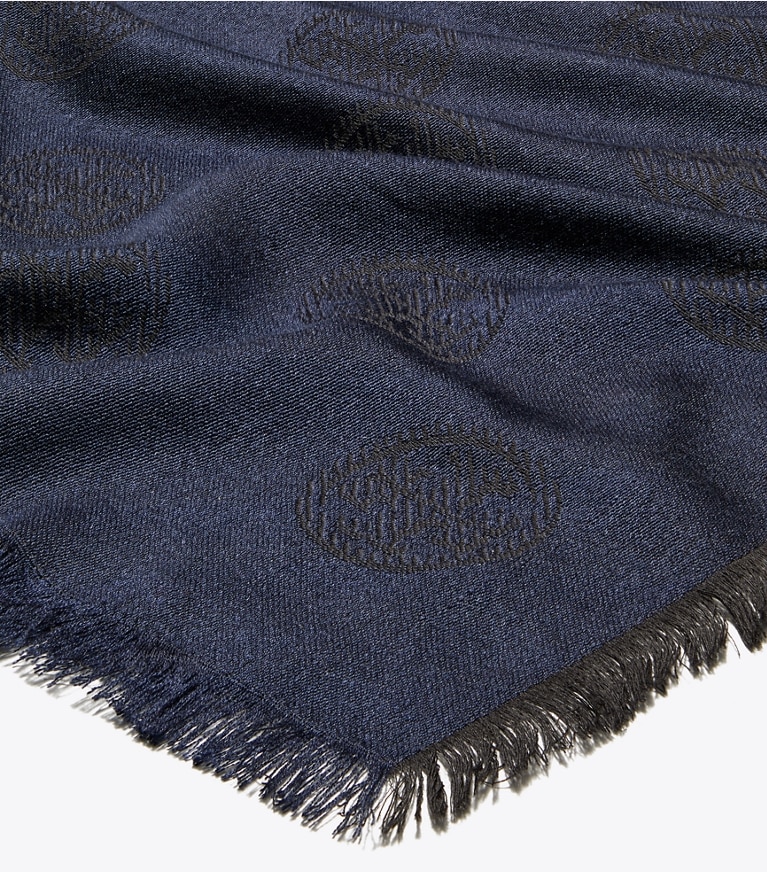 Tory Burch designer scarves Medallion Logo Oblong Traveler Scarf in Black / Navy overhead