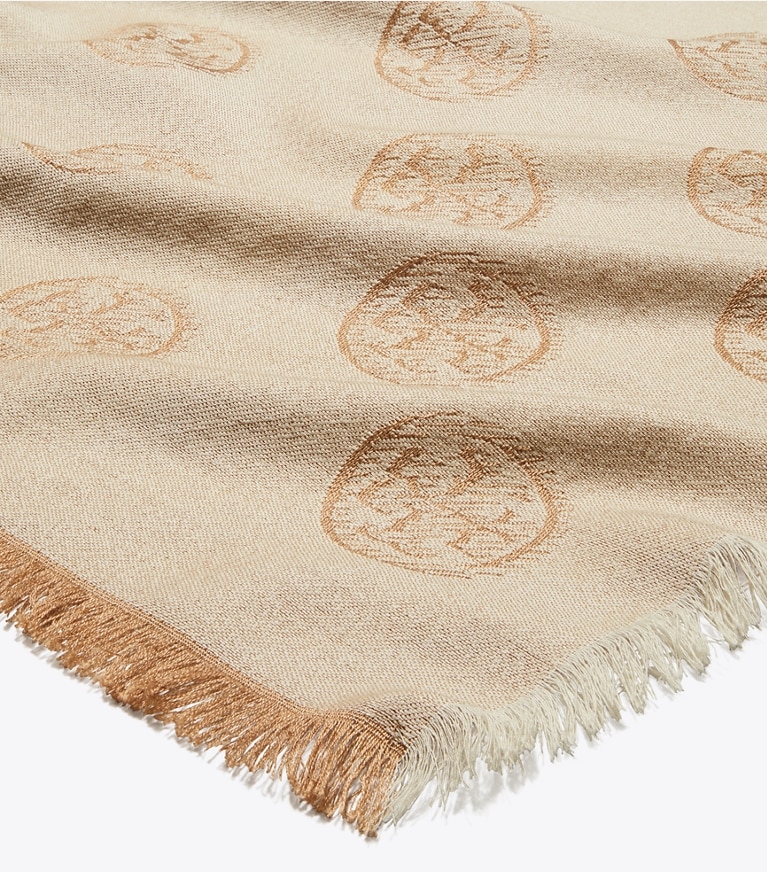 Tory Burch designer scarves Medallion Logo Oblong Traveler Scarf in Camel overhead