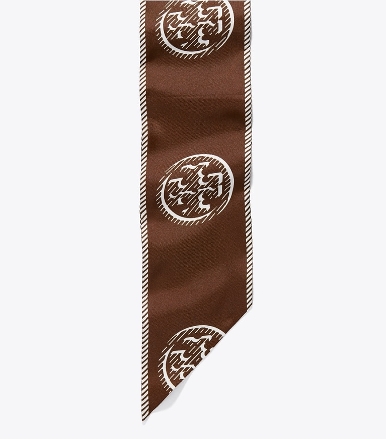 Tory Burch designer scarves Medallion Logo Ribbon Tie in Chocolate overhead