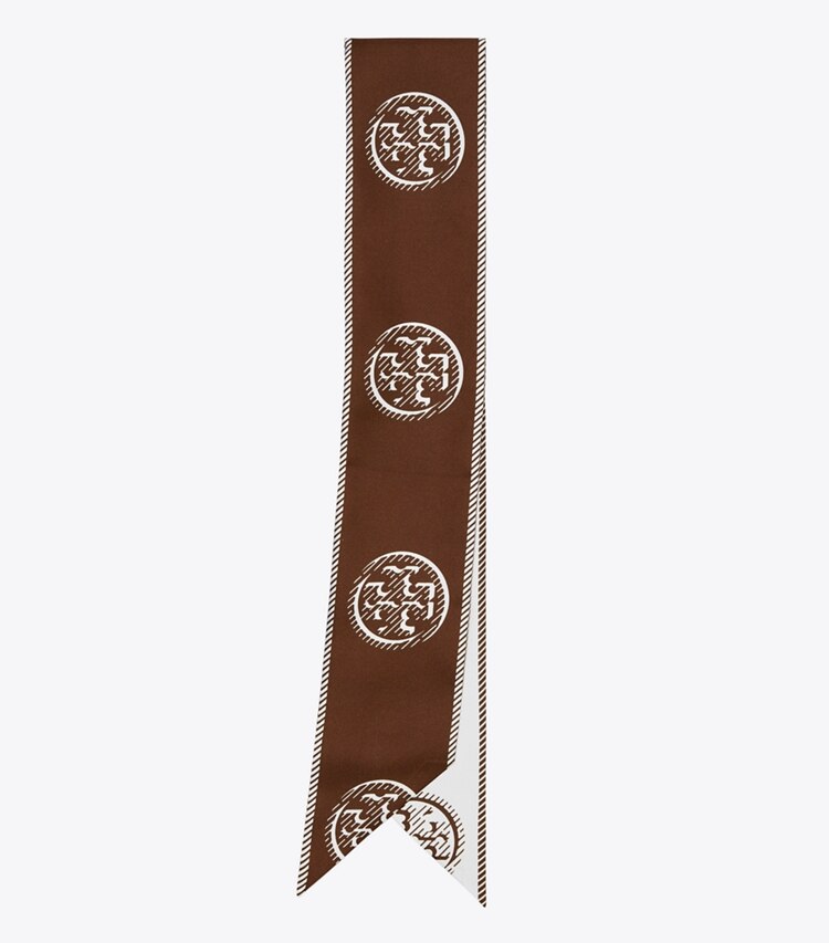 Tory Burch designer scarves Medallion Logo Ribbon Tie in Chocolate folded
