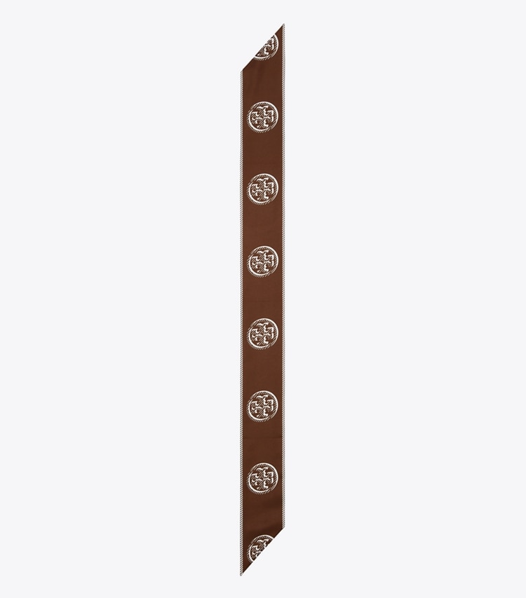 Tory Burch designer scarves Medallion Logo Ribbon Tie in Chocolate overhead