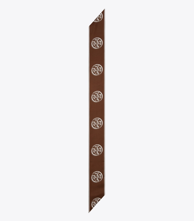 Tory Burch designer scarves Medallion Logo Ribbon Tie in Chocolate overhead
