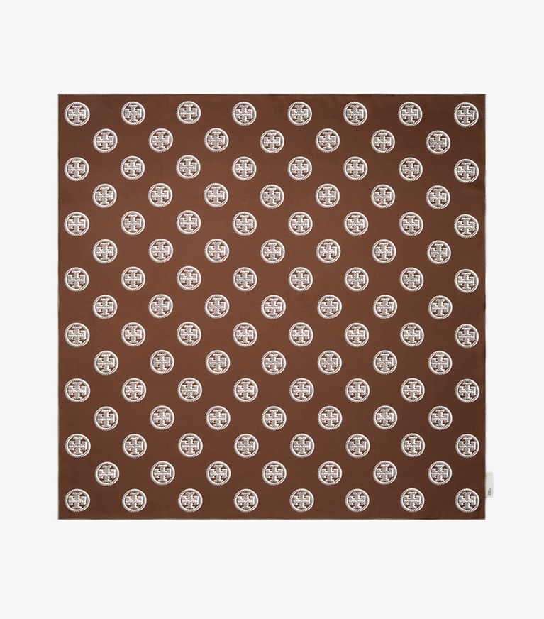 Tory Burch designer scarves Medallion Logo Silk Square Scarf in Deep Walnut overhead