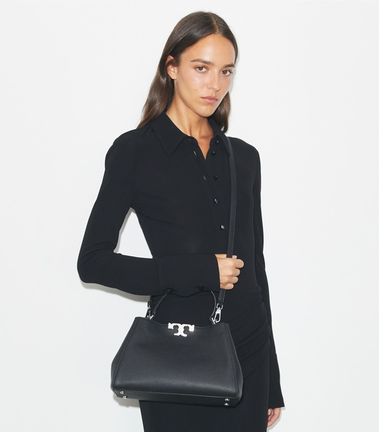 Tory Burch designer satchels Medium Eleanor Soft Satchel in Black accessory on model