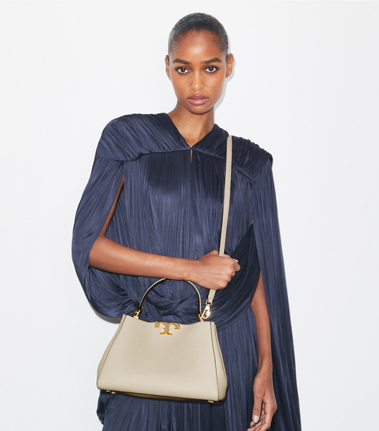 Tory Burch designer satchels Medium Eleanor Soft Satchel in Light Stone angle