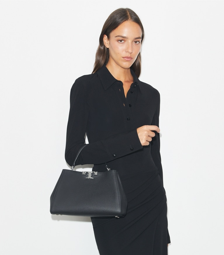 Tory Burch designer satchels Medium Eleanor Soft Satchel in Black angle