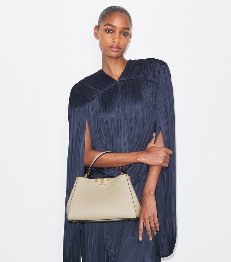 Tory Burch designer satchels Medium Eleanor Soft Satchel in Light Stone additional on model