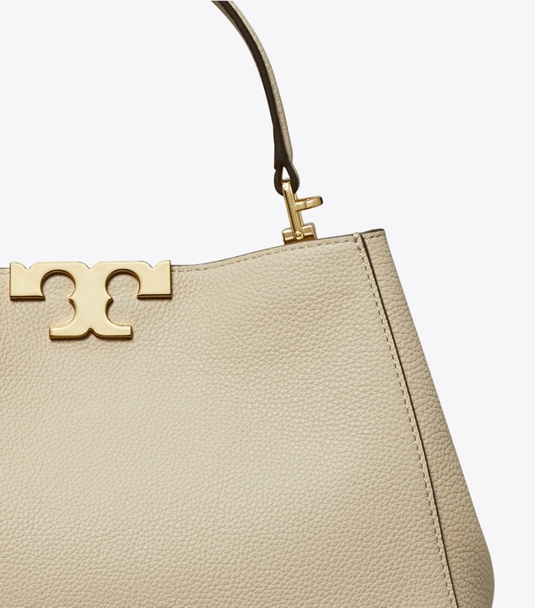 Tory Burch designer satchels Medium Eleanor Soft Satchel in Light Stone angle