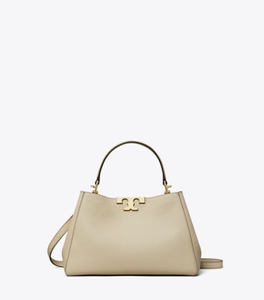 Tory Burch designer satchels Medium Eleanor Soft Satchel in Light Stone front