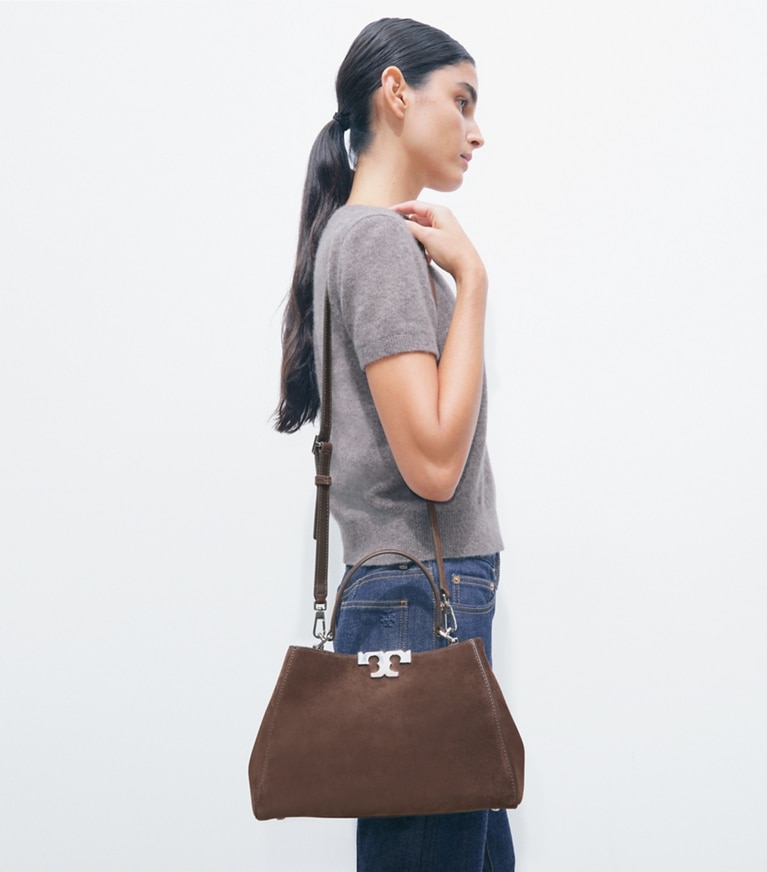 Tory Burch designer satchels Medium Eleanor Suede Satchel in Dark Cocoa accessory on model