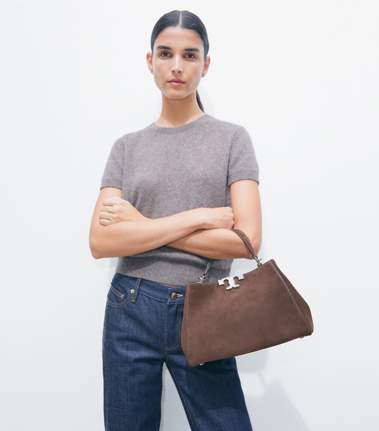 Tory Burch designer satchels Medium Eleanor Suede Satchel in Dark Cocoa additional on model