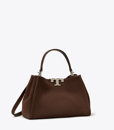 Tory Burch designer satchels Medium Eleanor Suede Satchel in Dark Cocoa angle