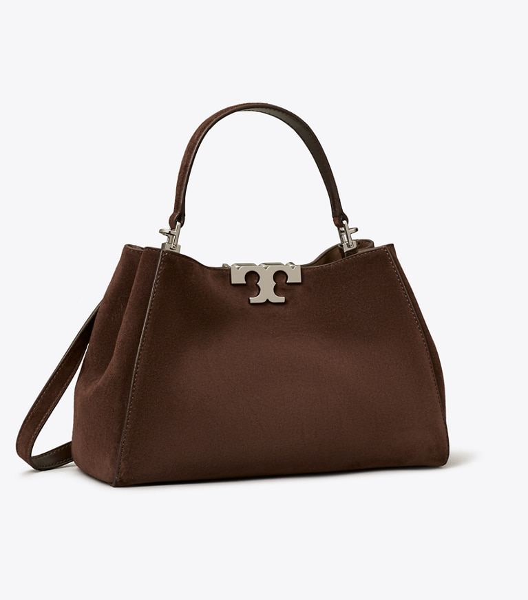 Tory Burch designer satchels Medium Eleanor Suede Satchel in Dark Cocoa angle