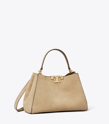 Tory Burch designer satchels Medium Eleanor Suede Satchel in Oatmeal angle