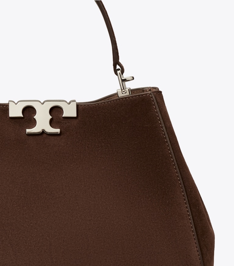 Tory Burch designer satchels Medium Eleanor Suede Satchel in Dark Cocoa detail