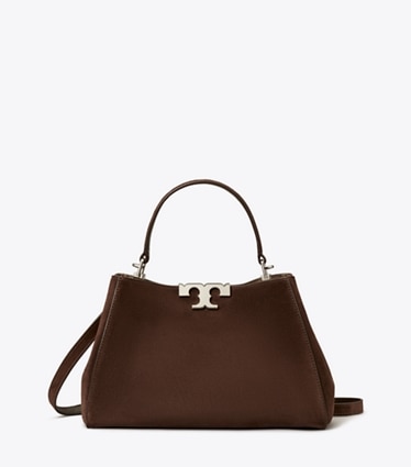 Tory Burch designer satchels Medium Eleanor Suede Satchel in Dark Cocoa front
