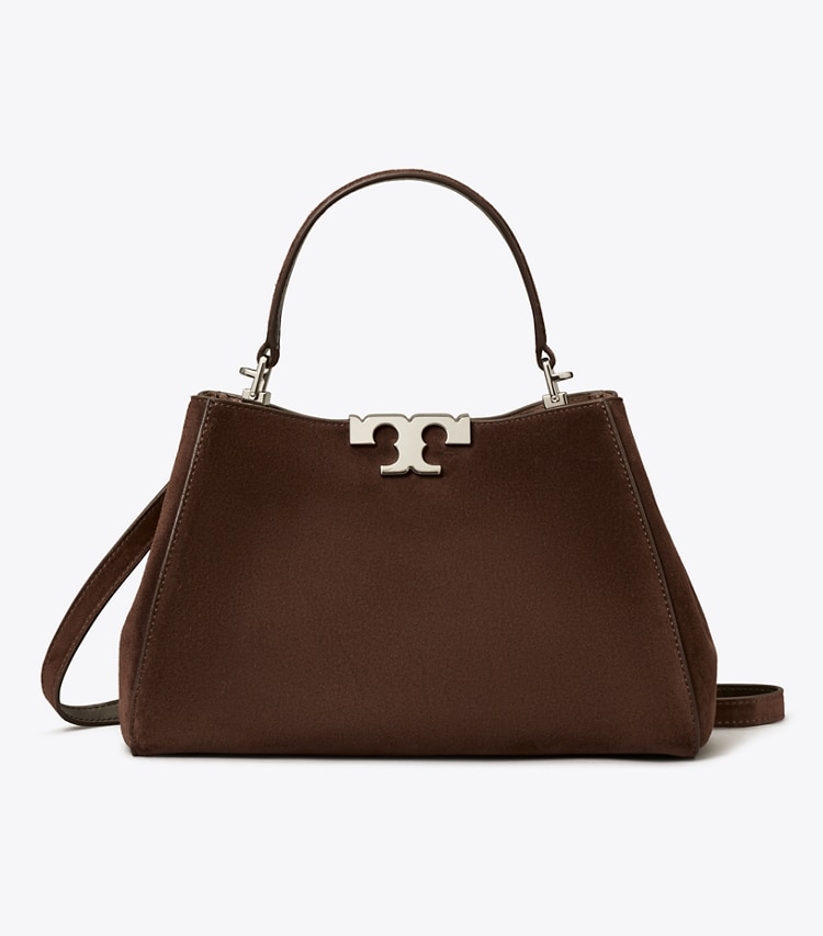 Tory Burch designer satchels Medium Eleanor Suede Satchel in Dark Cocoa front