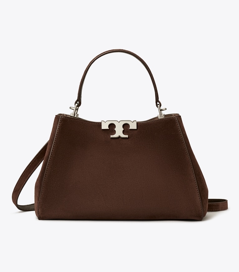 Tory Burch designer satchels Medium Eleanor Suede Satchel in Dark Cocoa front