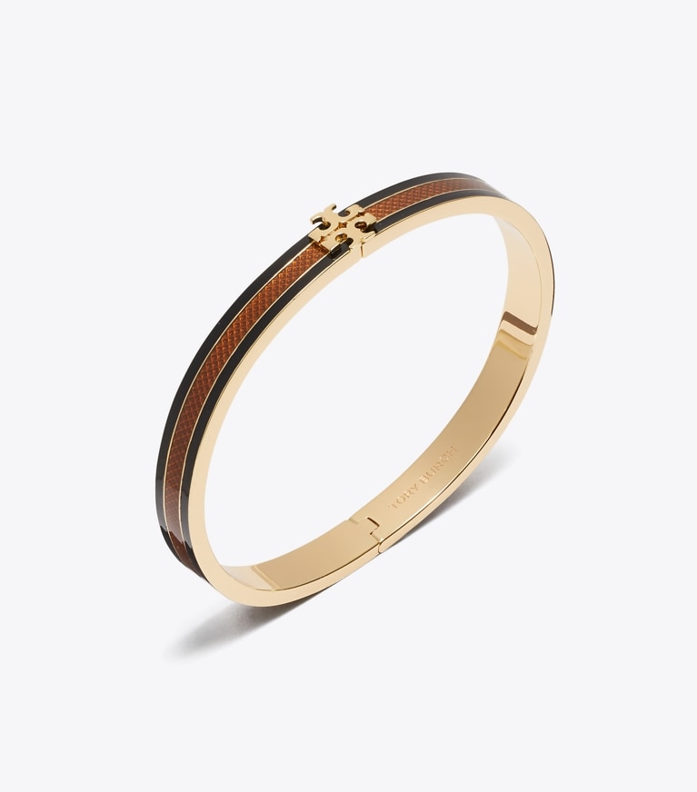 Tory Burch designer ブレスレット アイコン ストライプ エナメル ミディアム ブレスレット in Tory Gold / BLACK / Brown ディテール