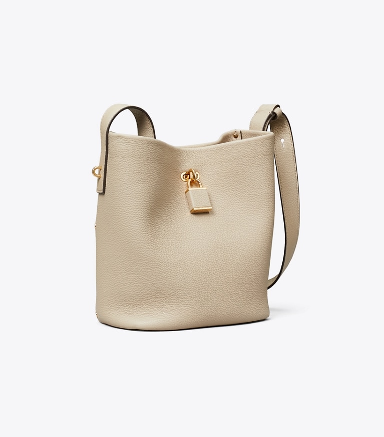 Tory Burch designer shoulder bags Medium Lock Slim Bucket Bag in Light Stone angle