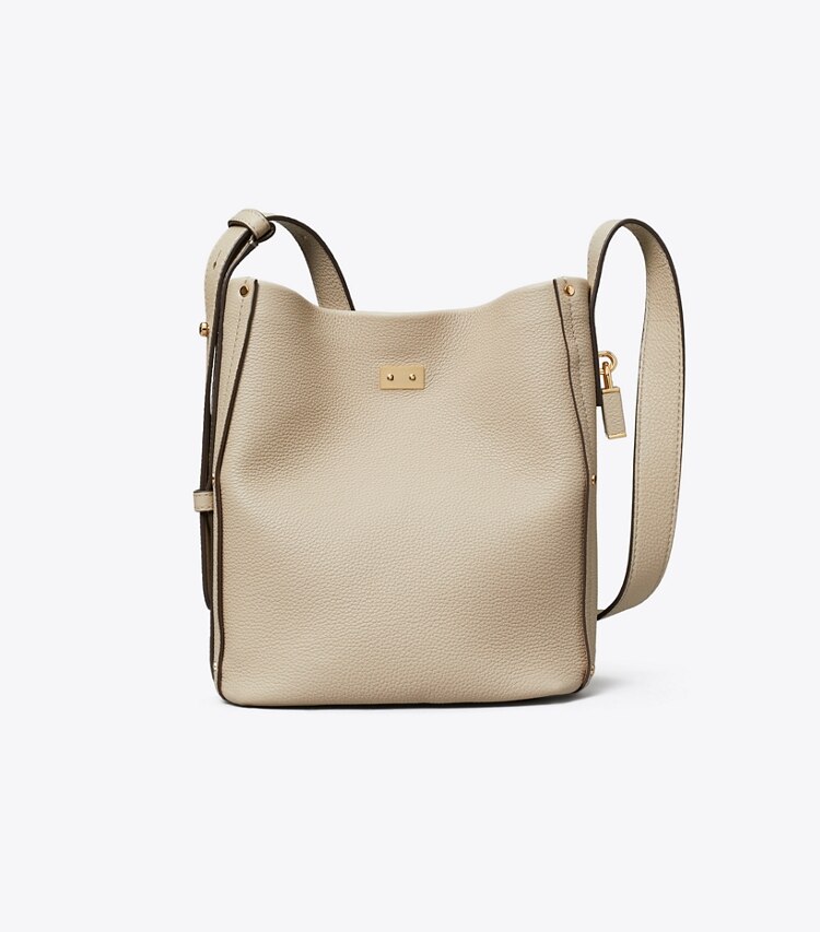 Tory Burch designer shoulder bags Medium Lock Slim Bucket Bag in Light Stone back