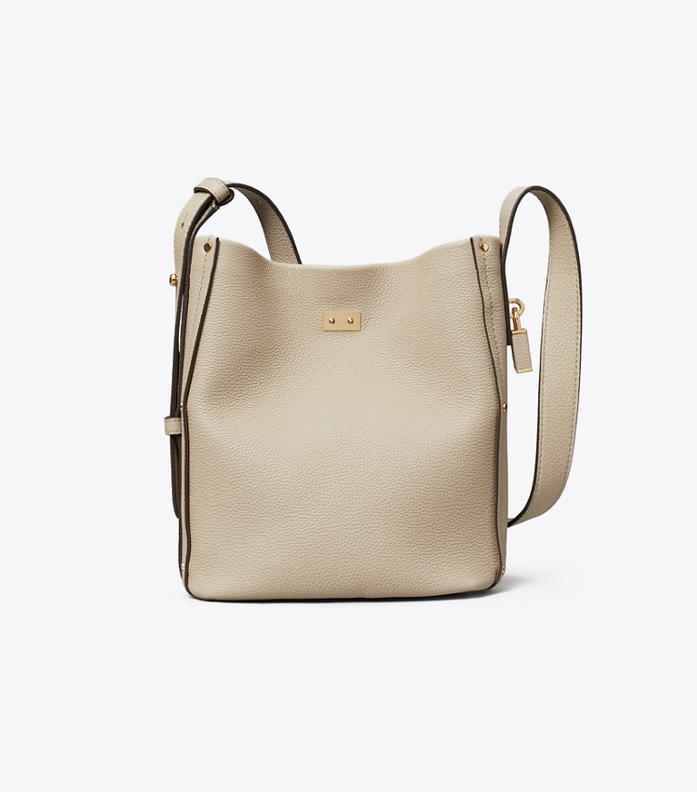 Tory Burch designer shoulder bags Medium Lock Slim Bucket Bag in Light Stone back
