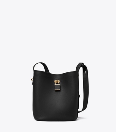 Tory Burch designer shoulder bags Medium Lock Slim Bucket Bag in Black front