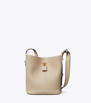 Tory Burch designer shoulder bags Medium Lock Slim Bucket Bag in Light Stone front