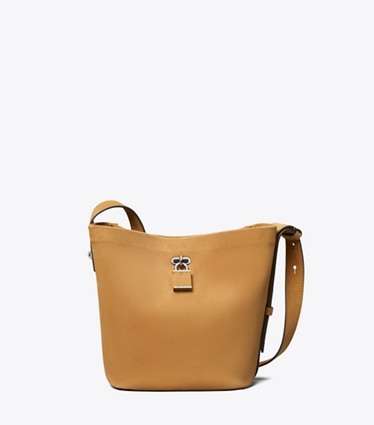 Tory Burch designer shoulder bags Medium Lock Suede Slim Bucket Bag in Toffee front