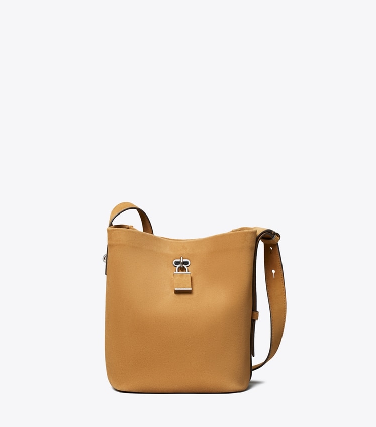 Tory Burch Medium Lock Suede Slim Bucket Bag — Toffee