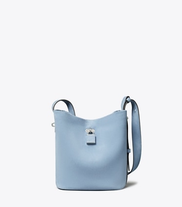 Tory Burch designer shoulder bags Medium Lock Suede Slim Bucket Bag in Steel Blue front