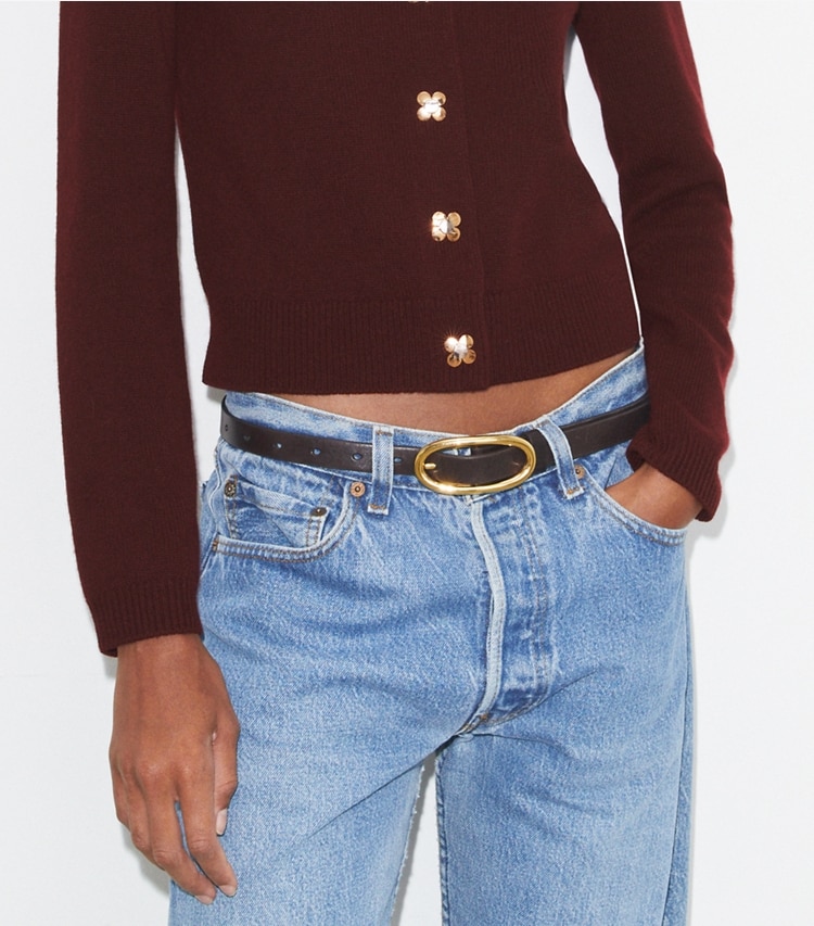 Tory Burch designer belts Medium Pierced Buckle Belt in Amarena accessory on model