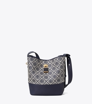 Tory Burch designer shoulder bags Medium T Monogram Lock Slim Bucket Bag in Tory Navy front
