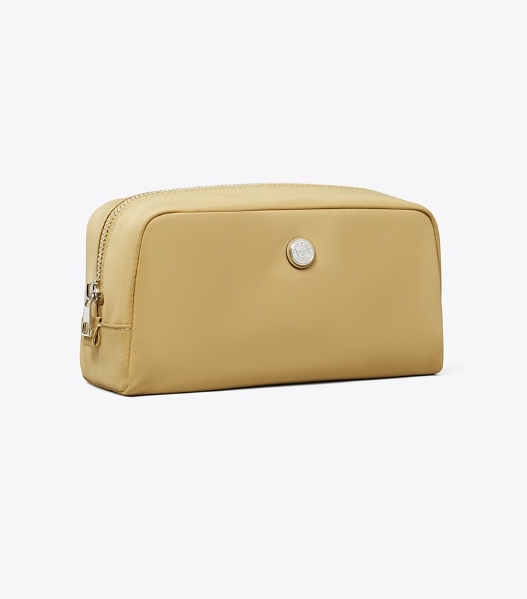 Tory Burch designer cosmetic bags Medium Twist Cosmetic Case in Wheat angle