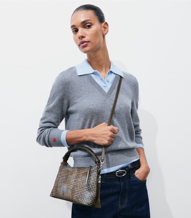 Tory Burch designer shoulder bags Mellow Calf Hair Shoulder Bag in Dusky Blue Multi accessory on model