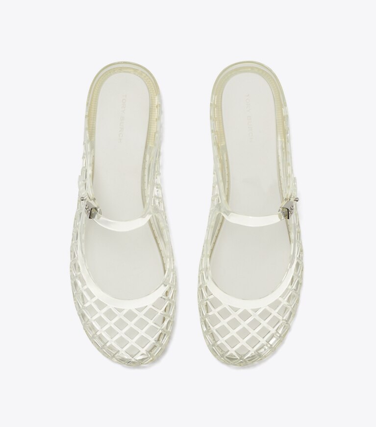 Tory Burch designer sandalen Mellow Mary Jane aus Jelly in CLEAR / SILVER angle