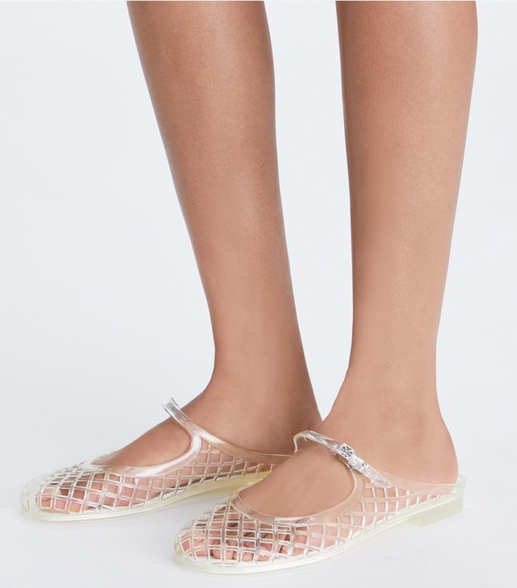 Tory Burch designer sandals Mellow Mary Jane Jelly in CLEAR / SILVER additional on model