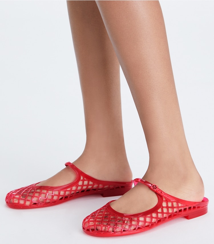 Tory Burch designer sandals Mellow Mary Jane Jelly in RED VOLCANO / RED VOLCANO additional on model