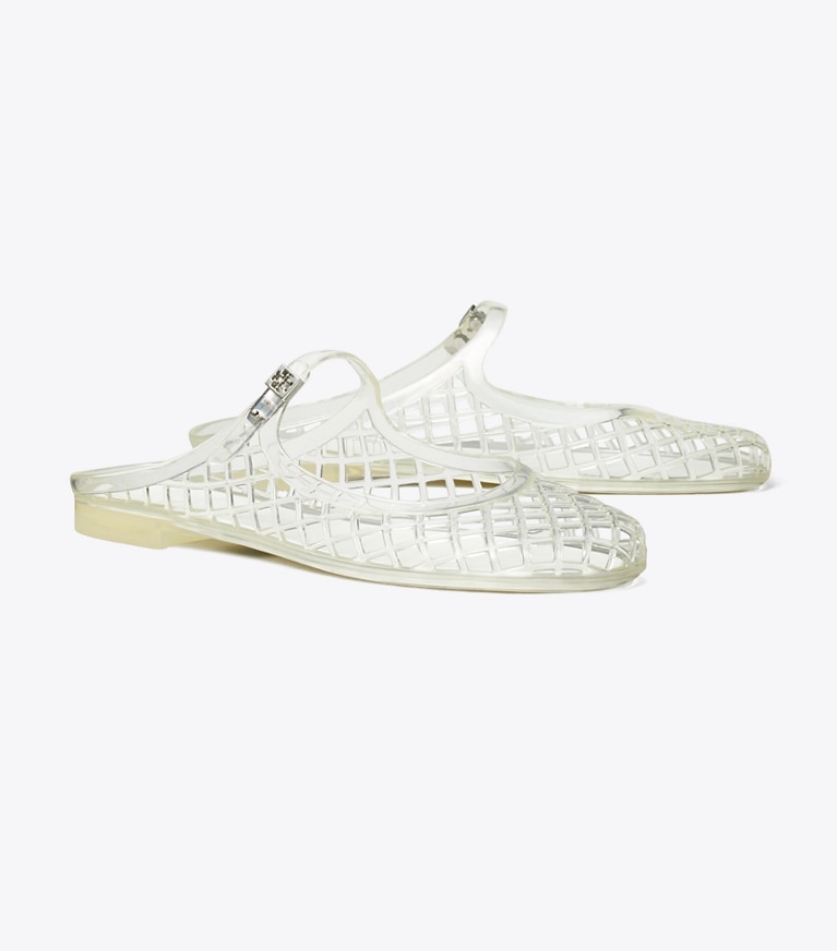 Tory Burch designer sandals Mellow Mary Jane Jelly in CLEAR / SILVER angle