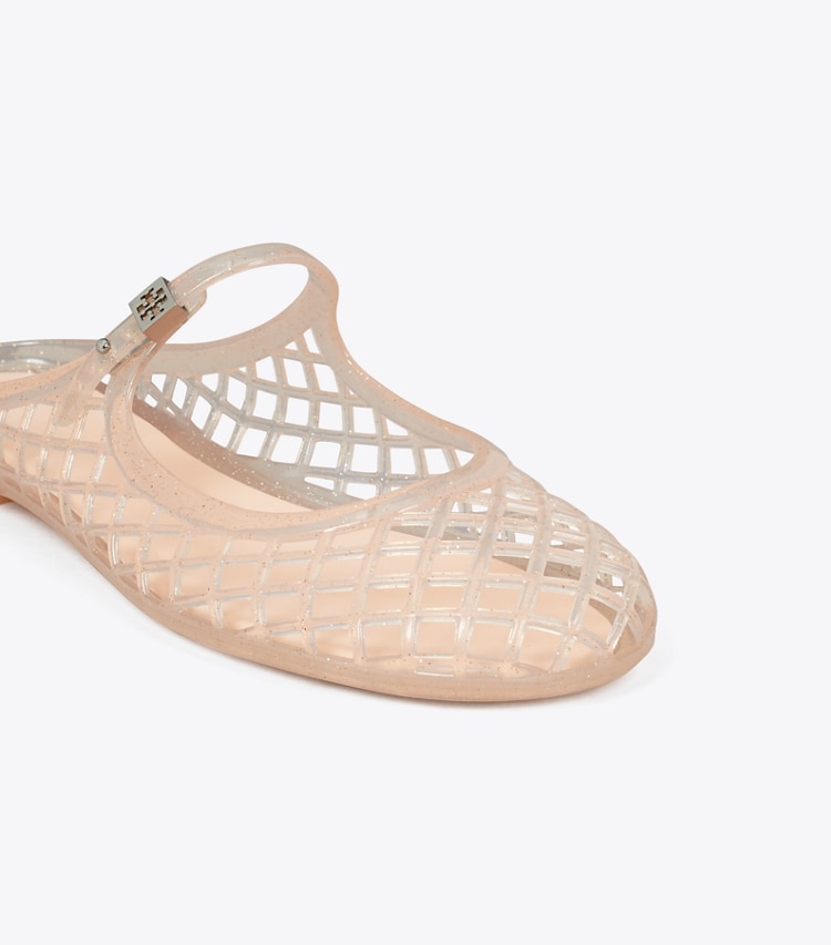 Tory Burch designer sandals Mellow Mary Jane Jelly in SOFT PINK GLITTER / SILVER detail