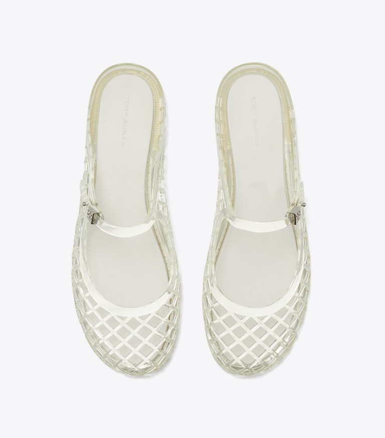 Tory Burch designer sandals Mellow Mary Jane Jelly in CLEAR / SILVER angle