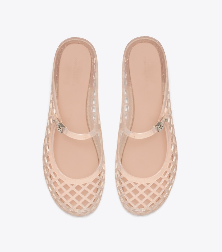 Tory Burch designer sandals Mellow Mary Jane Jelly in SOFT PINK GLITTER / SILVER overhead