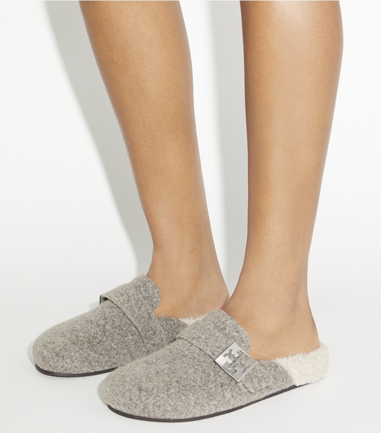 Tory Burch designer flats Mellow Mule in FOG GRAY / TAUPE accessory on model